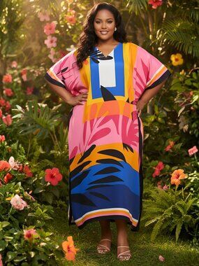 Women Plus Size Stylish Caftan Dress Leaf Printed Multicolor Beach Cover Up Maxi
